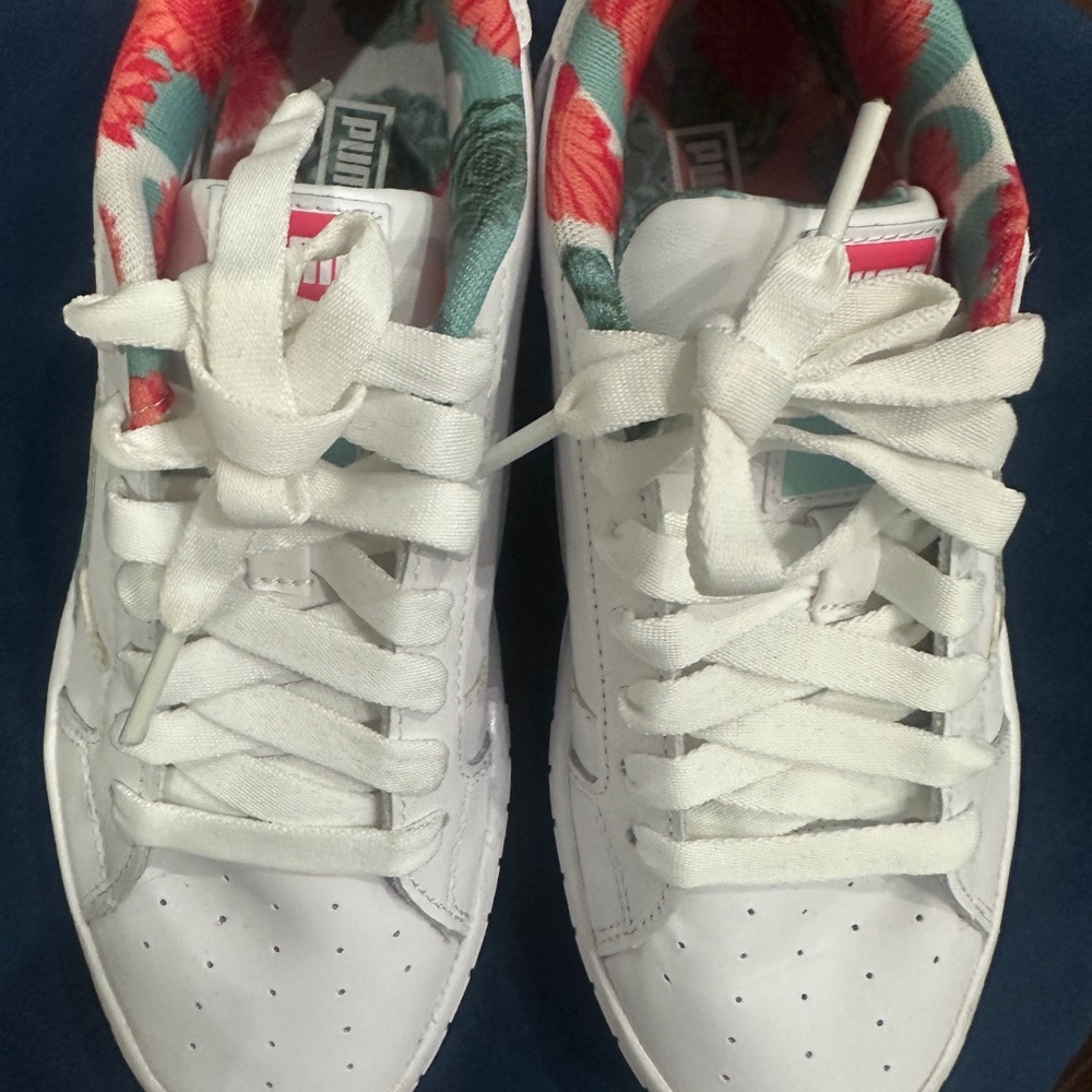 Puma Kids White Sneakers with Floral Accents